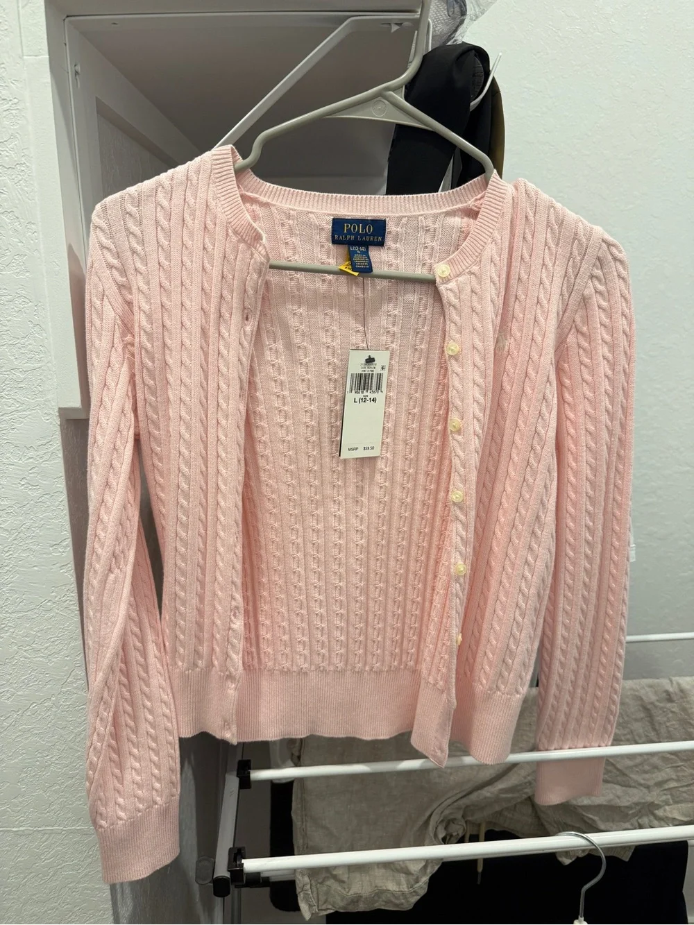 Polo Ralph Lauren Light Pink Cable-Knit Crewneck Cardigan